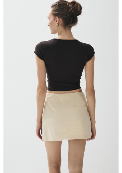 Kadın Kahve Renk Kısa Kollu Crop T-Shirt