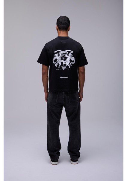 Siyah Oversize Melek Baskılı Tişört