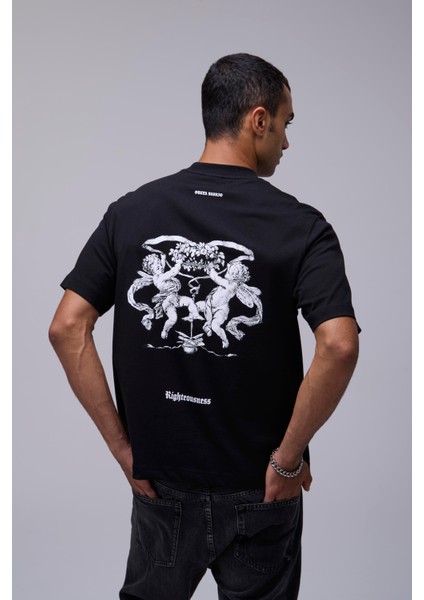 Siyah Oversize Melek Baskılı Tişört modelleri