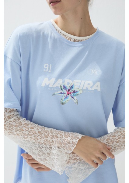 Kadın Mavi Renk Baskılı Oversize T-Shirt fiyatları