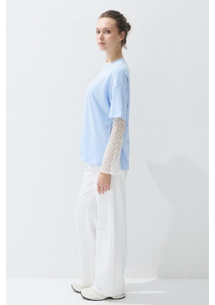 Kadın Mavi Renk Baskılı Oversize T-Shirt