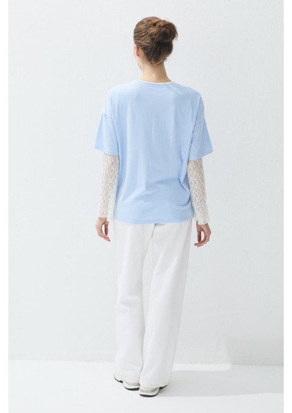 Kadın Mavi Renk Baskılı Oversize T-Shirt