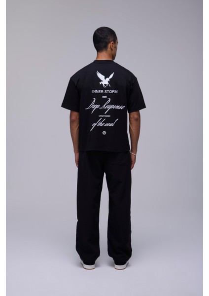 Siyah Oversize Içsel Fırtına Baskılı Tişört