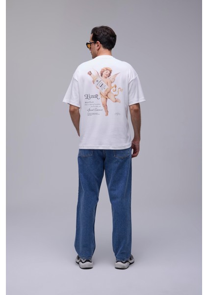 Beyaz Oversize Melek Dijital Baskılı Tişört