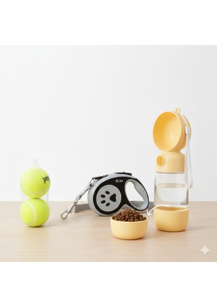 Köpek Gezi Seti 3’lü – Otomatik Uzayan Tasma + Mama/su Taşıma Matarası+2’li Tenis Topu Oyuncak