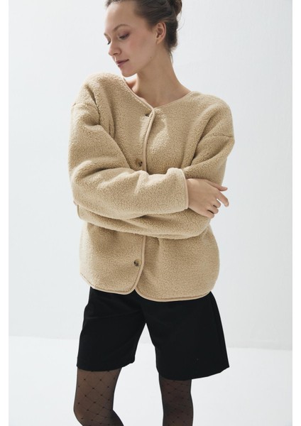 Kadın Camel Renk Iliklenebilir Cepli Peluş Ceket