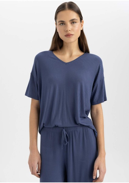 Regular Fit V Yaka Casual Kısa Kollu Pijama Üstü B6181AX24SP