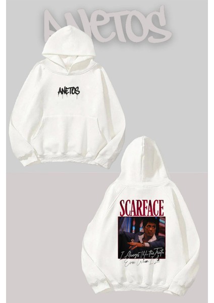 Scarface 3 Sırt Baskılı Beyaz Kapüşonlu Sweatshirt