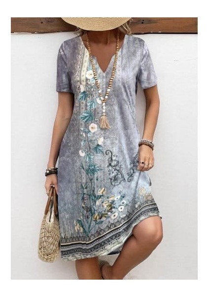 Kadın Kısa Kollu V Yakalı Desenli Süprem Elbise