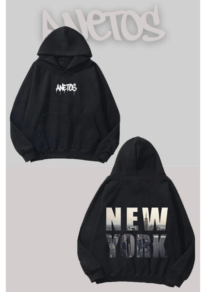 New York City Sırt Baskılı Siyah Kapüşonlu Sweatshirt