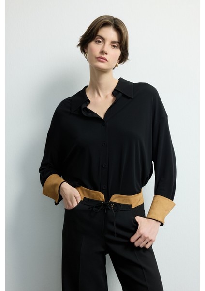 Süet Detaylı Örme Gömlek Siyah 130M2221001