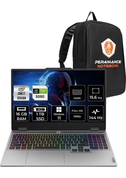 Loq Intel Core I7 13700HX 16GB 1tb SSD RTX5050/8GB 100W 15.6" Fhd 144Hz W11P Taşınabilir Bilgisayar & Per4 Çanta 83JE00KKTRP408