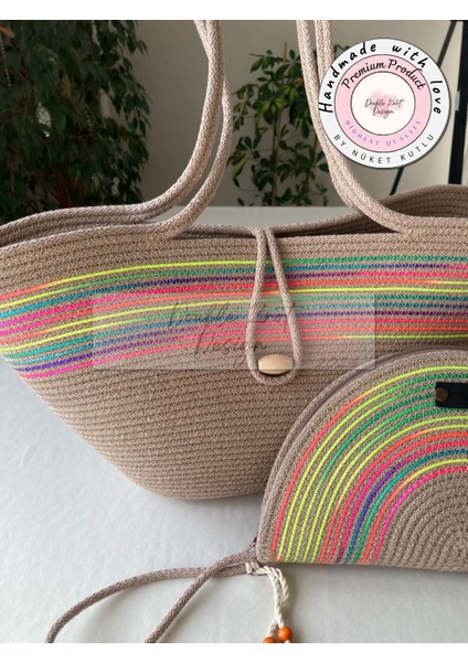 Bailey 2li Takım Plaj Çantası , El Çantası Clutch, Totebag, Kadın Çanta, Yazlık, Hediyelik, hasır Jüt Tress