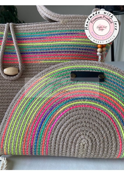 Bailey 2li Takım Plaj Çantası , El Çantası Clutch, Totebag, Kadın Çanta, Yazlık, Hediyelik, hasır Jüt Tress