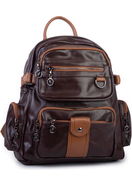 Kadın Çok Gözlü Büyük Boy Sırt Çantası Kahve Taba