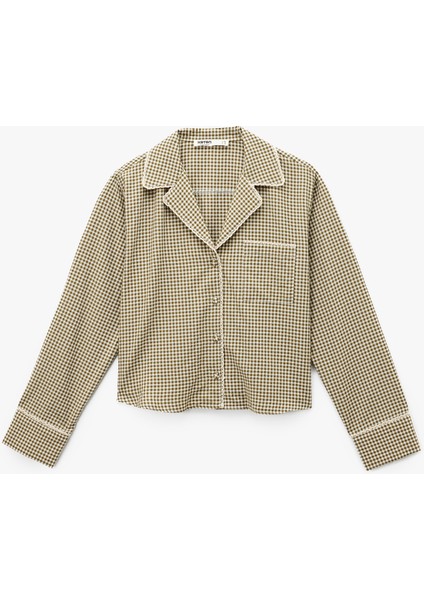 Rahat Kalıp Uzun Kollu Gömlek Yaka Crop Pijama Üstü