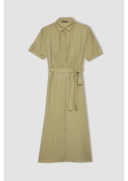 Gömlek Yaka Keten Görünümlü Kuşaklı Kısa Kollu Midi Elbise