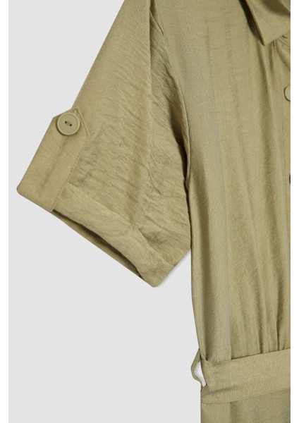 Gömlek Yaka Keten Görünümlü Kuşaklı Kısa Kollu Midi Elbise