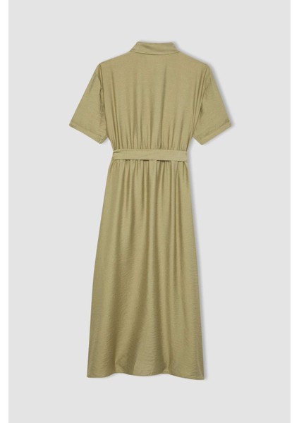 Gömlek Yaka Keten Görünümlü Kuşaklı Kısa Kollu Midi Elbise