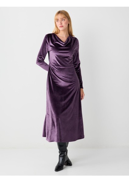 Mürdüm Dökümlü Yaka Uzun Kollu Örme Kadife Uzun Elbise fiyatları