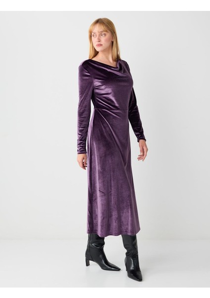 Mürdüm Dökümlü Yaka Uzun Kollu Örme Kadife Uzun Elbise modelleri