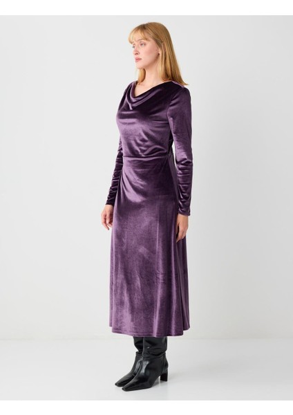 Mürdüm Dökümlü Yaka Uzun Kollu Örme Kadife Uzun Elbise fırsatları
