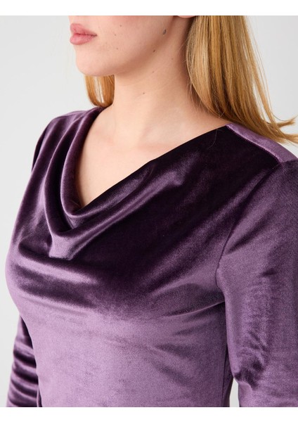 Mürdüm Dökümlü Yaka Uzun Kollu Örme Kadife Uzun Elbise indirimleri