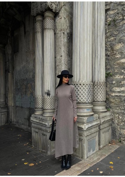 Techmrt Boğazlı Kalın Bürümcük Uzun Elbise Vizon (Beden: M)