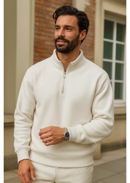 Erkek Kışlık Beyaz Oversize Fermuarlı Sweatshirt fiyatları