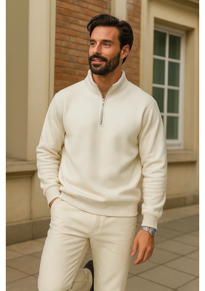 Erkek Kışlık Beyaz Oversize Fermuarlı Sweatshirt modelleri