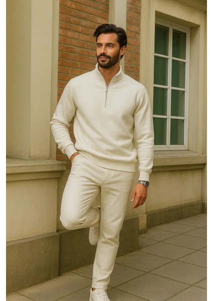 Erkek Kışlık Beyaz Oversize Fermuarlı Sweatshirt fırsatları