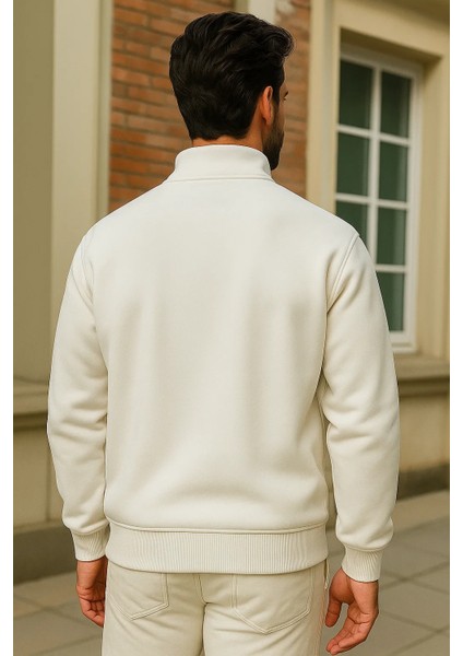 Erkek Kışlık Beyaz Oversize Fermuarlı Sweatshirt