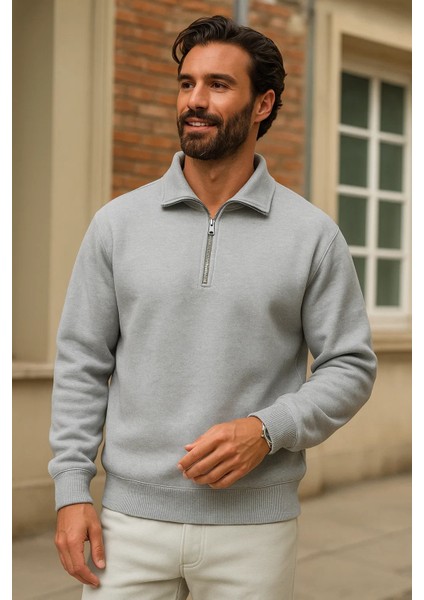 Erkek Kışlık Gri Oversize Fermuarlı Sweatshirt