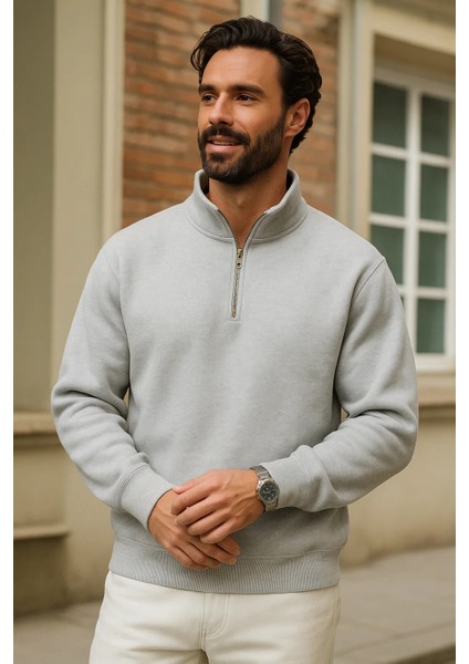 Erkek Kışlık Gri Oversize Fermuarlı Sweatshirt fiyatları