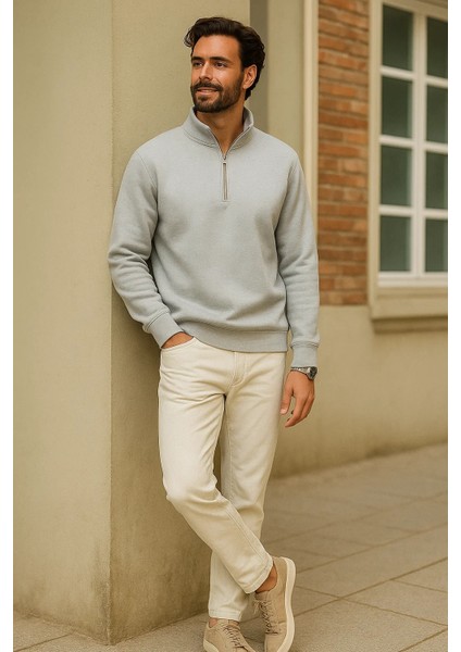 Erkek Kışlık Gri Oversize Fermuarlı Sweatshirt modelleri