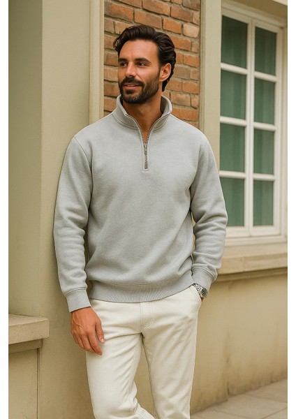 Erkek Kışlık Gri Oversize Fermuarlı Sweatshirt fırsatları