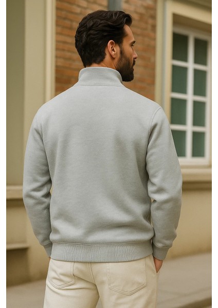 Erkek Kışlık Gri Oversize Fermuarlı Sweatshirt