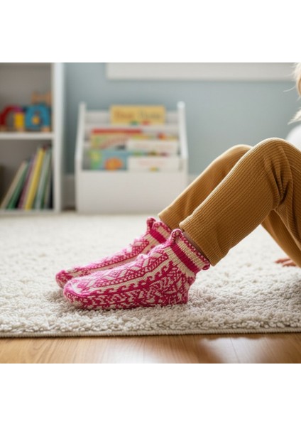 Kız Çocuk El Örgüsü Yünlü Patik Çorap Pembe Krem (28–33)