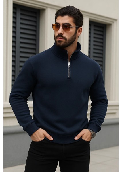 Erkek Trend Kışlık Lacivert Fermuarlı Sweatshirt fiyatları