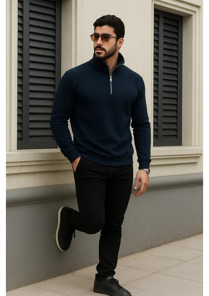 Erkek Trend Kışlık Lacivert Fermuarlı Sweatshirt modelleri