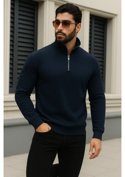 Erkek Trend Kışlık Lacivert Fermuarlı Sweatshirt fırsatları