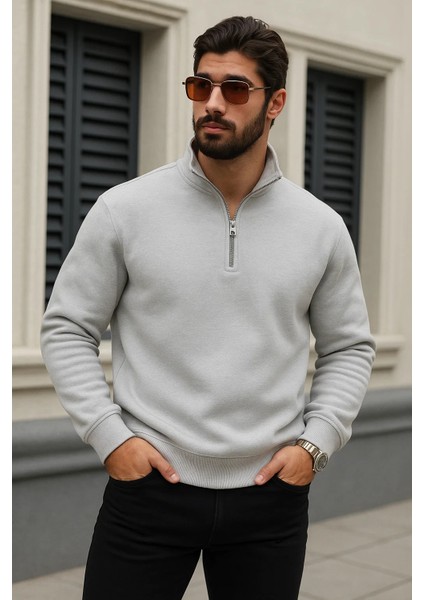 Erkek Trend Kışlık Gri Fermuarlı Sweatshirt