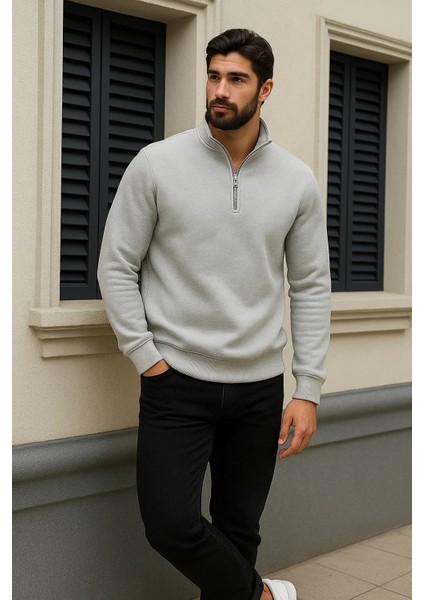Erkek Trend Kışlık Gri Fermuarlı Sweatshirt modelleri