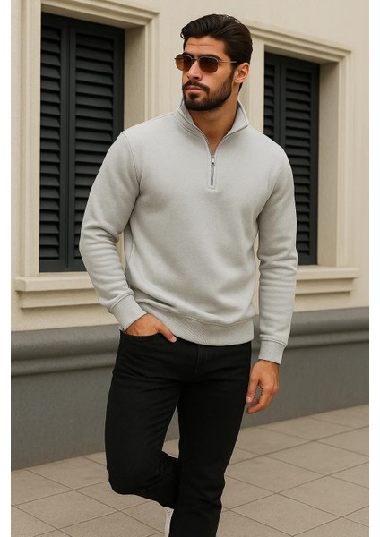 Erkek Trend Kışlık Gri Fermuarlı Sweatshirt fırsatları