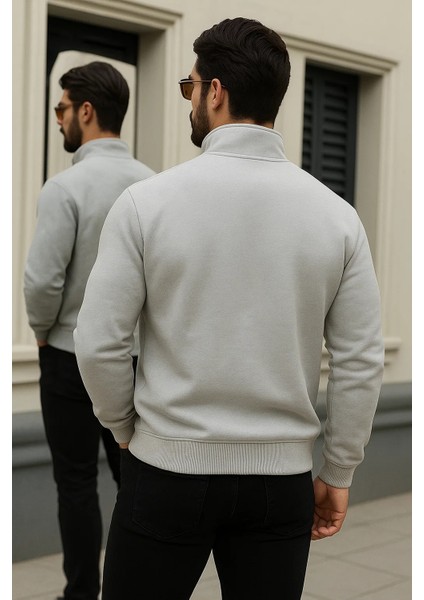 Erkek Trend Kışlık Gri Fermuarlı Sweatshirt indirimleri