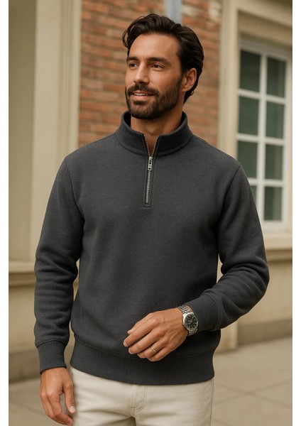 Erkek Kışlık Antrasit Oversize Fermuarlı Sweatshirt fiyatları
