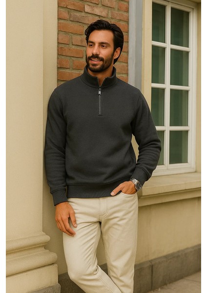 Erkek Kışlık Antrasit Oversize Fermuarlı Sweatshirt modelleri