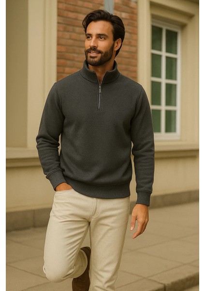 Erkek Kışlık Antrasit Oversize Fermuarlı Sweatshirt fırsatları