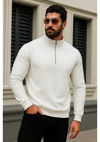 Erkek Trend Kışlık Beyaz Fermuarlı Sweatshirt modelleri