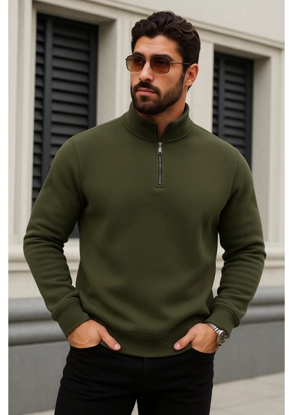 Erkek Trend Kışlık Haki Fermuarlı Sweatshirt